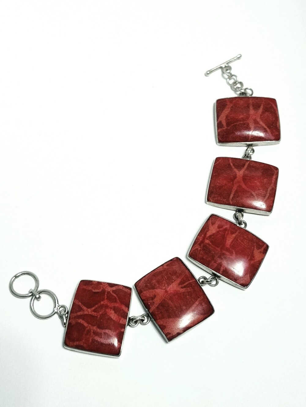 Red Coral Sterling Silver Statement Square Link Bracelet